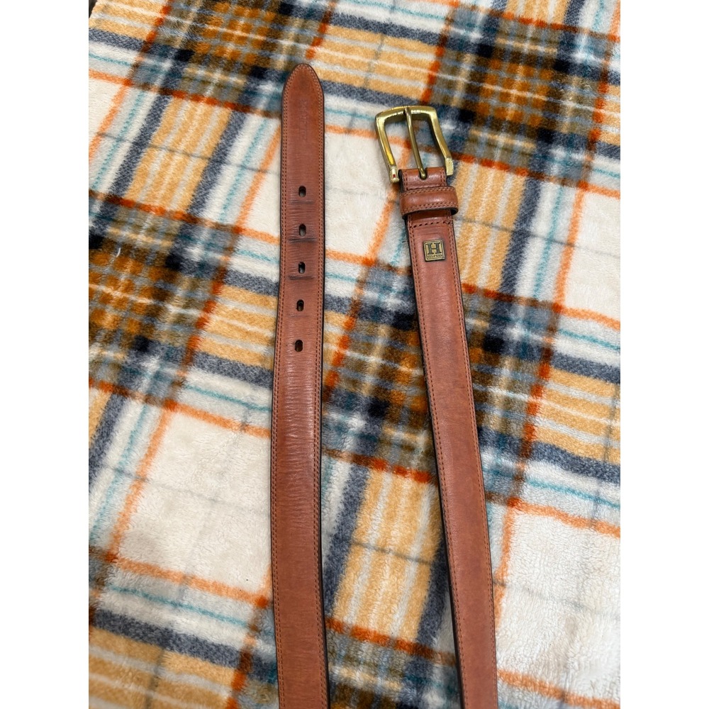 Vintage Tommy Hilfiger Brown Leather Belt Brass Buckle 90s Preppy Cognac Mens 36